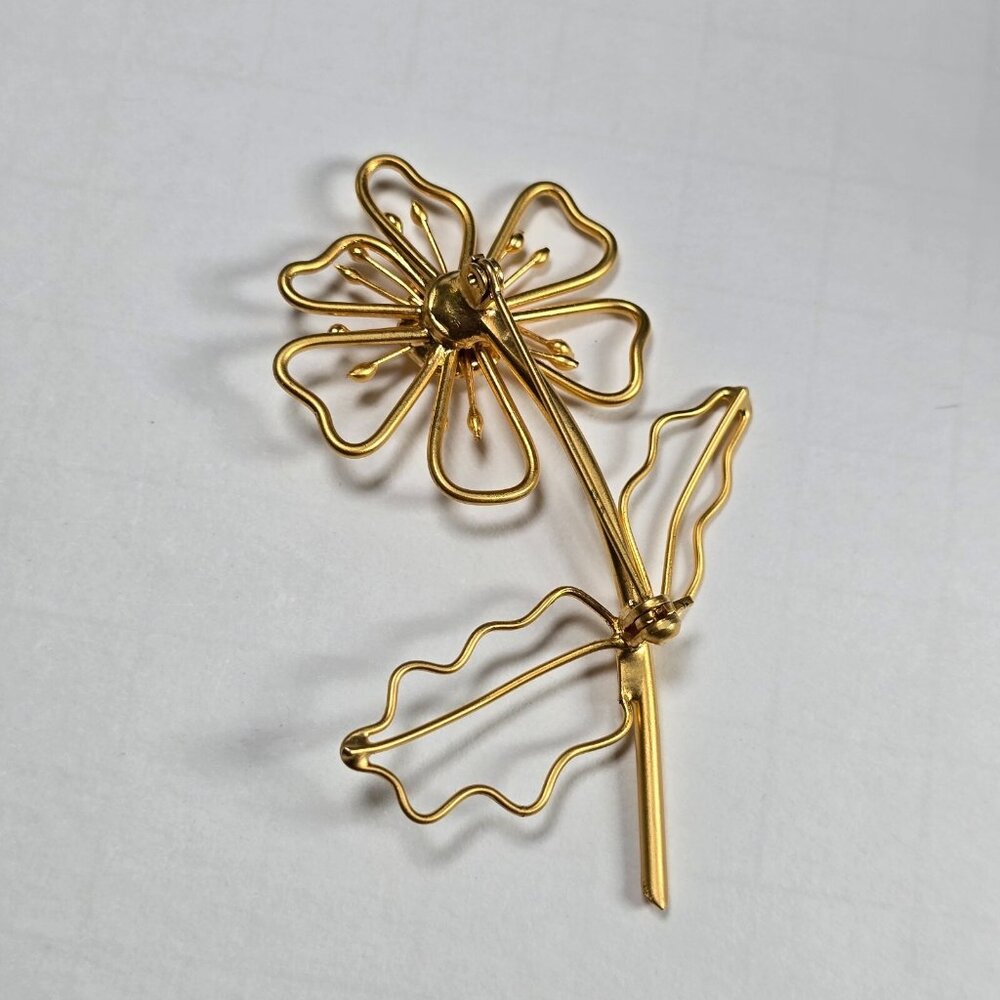 Gold Tone Flower Brooch Open Wire Daisy Mid Century Modernist Statement Vintage - Picture 6 of 10
